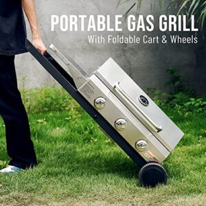 Onlyfire BBQ Gas Grill with 3 Burners and Foldable Cart for Easy Transport, Stainless Steel Portable Propane Grill with Versatile Side Shelf for Outdoor Patio Backyard Camping, Tailgating, RV Trip