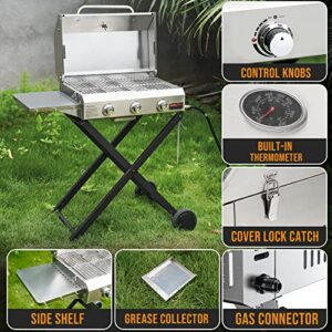 Onlyfire BBQ Gas Grill with 3 Burners and Foldable Cart for Easy Transport, Stainless Steel Portable Propane Grill with Versatile Side Shelf for Outdoor Patio Backyard Camping, Tailgating, RV Trip