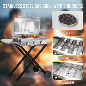 Onlyfire BBQ Gas Grill with 3 Burners and Foldable Cart for Easy Transport, Stainless Steel Portable Propane Grill with Versatile Side Shelf for Outdoor Patio Backyard Camping, Tailgating, RV Trip