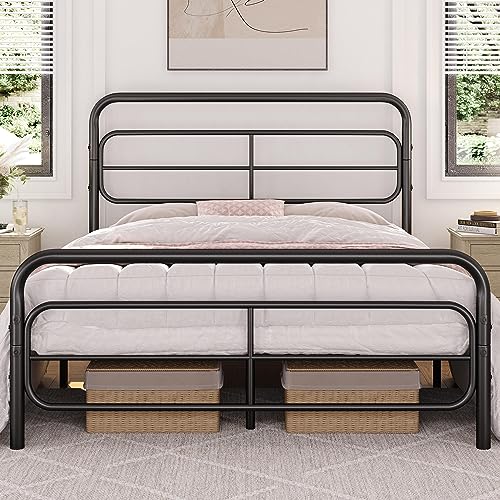 Topeakmart Full Bed Frames Metal Platform Bed with Modern Geometric Patterned Headboard, Easy Assemble, 13 Inch Underbed Storage, No Box Spring Needed, Black