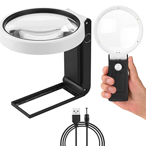 Anourney 10X 30X Large 4.35in Magnifying Glass with Light and Stand, Handheld Standing LED Illuminated Magnifier, Folding Reading Magnifying Glass with for Seniors Read, Cross Stitch, Map, Jewelry