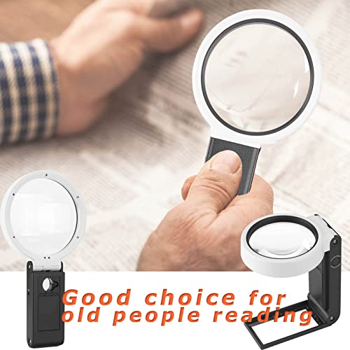 Anourney 10X 30X Large 4.35in Magnifying Glass with Light and Stand, Handheld Standing LED Illuminated Magnifier, Folding Reading Magnifying Glass with for Seniors Read, Cross Stitch, Map, Jewelry