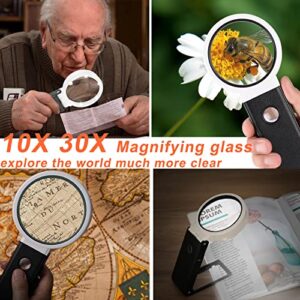 Anourney 10X 30X Large 4.35in Magnifying Glass with Light and Stand, Handheld Standing LED Illuminated Magnifier, Folding Reading Magnifying Glass with for Seniors Read, Cross Stitch, Map, Jewelry