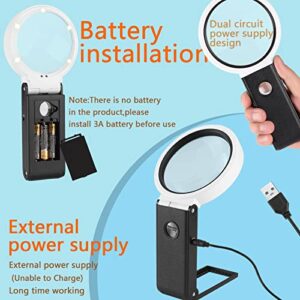 Anourney 10X 30X Large 4.35in Magnifying Glass with Light and Stand, Handheld Standing LED Illuminated Magnifier, Folding Reading Magnifying Glass with for Seniors Read, Cross Stitch, Map, Jewelry