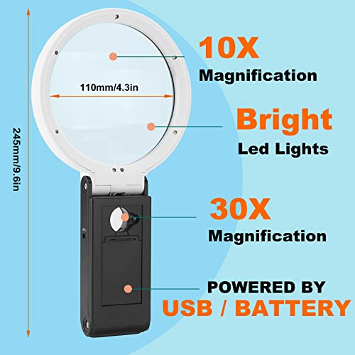 Anourney 10X 30X Large 4.35in Magnifying Glass with Light and Stand, Handheld Standing LED Illuminated Magnifier, Folding Reading Magnifying Glass with for Seniors Read, Cross Stitch, Map, Jewelry