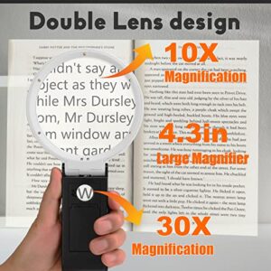 Anourney 10X 30X Large 4.35in Magnifying Glass with Light and Stand, Handheld Standing LED Illuminated Magnifier, Folding Reading Magnifying Glass with for Seniors Read, Cross Stitch, Map, Jewelry