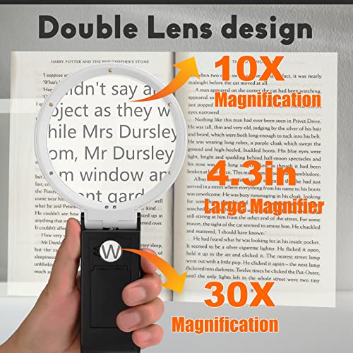 Anourney 10X 30X Large 4.35in Magnifying Glass with Light and Stand, Handheld Standing LED Illuminated Magnifier, Folding Reading Magnifying Glass with for Seniors Read, Cross Stitch, Map, Jewelry