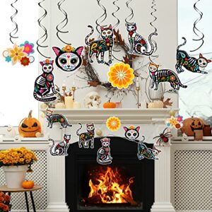 30 Pcs Day of The Dead Decorations Mexican Skeleton Cat Swirl Hanging Ornaments DIY Sugar Skeleton Cat Cutouts for Halloween Cinco De Mayo Dia De Muertos Party Supplies