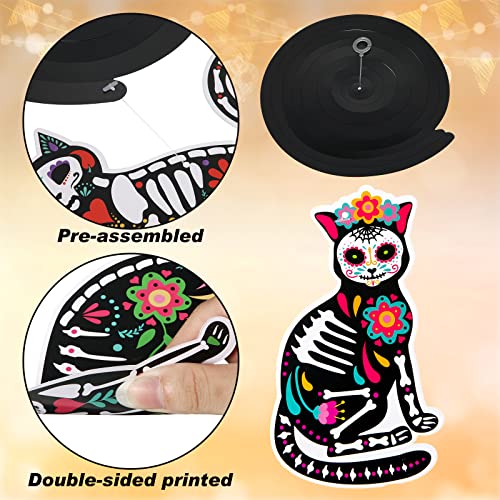 30 Pcs Day of The Dead Decorations Mexican Skeleton Cat Swirl Hanging Ornaments DIY Sugar Skeleton Cat Cutouts for Halloween Cinco De Mayo Dia De Muertos Party Supplies