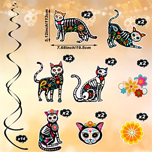 30 Pcs Day of The Dead Decorations Mexican Skeleton Cat Swirl Hanging Ornaments DIY Sugar Skeleton Cat Cutouts for Halloween Cinco De Mayo Dia De Muertos Party Supplies