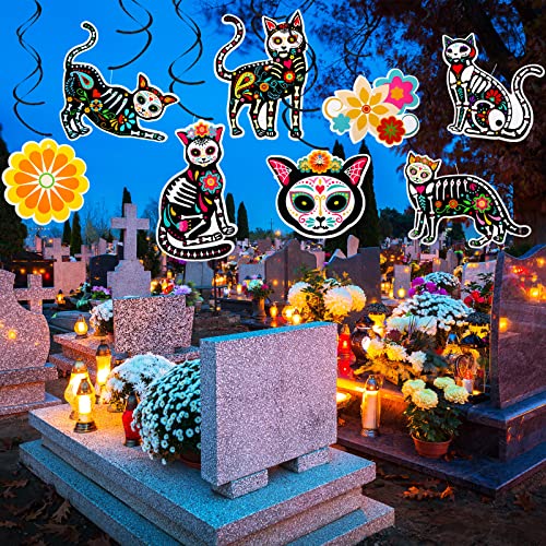 30 Pcs Day of The Dead Decorations Mexican Skeleton Cat Swirl Hanging Ornaments DIY Sugar Skeleton Cat Cutouts for Halloween Cinco De Mayo Dia De Muertos Party Supplies