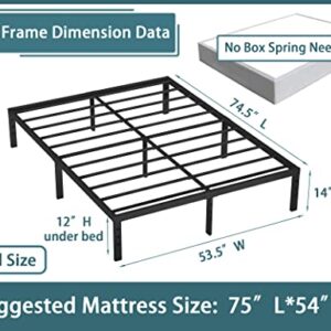 Rooflare Full Bed Frame 14 Inch High 9 Legs Max 3500lbs Heavy Duty Metal Full Size Platform for Boys Girls Kids No Box Spring Needed Black Easy to Assemble-Black