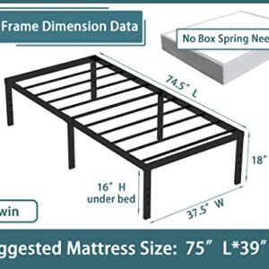 Rooflare Twin Size Bed Frames 18 Inch Tall Max 3500lbs Heavy Duty Metal Twin Size Platform for Boys Girls Kids No Box Spring Needed Black Easy to Assemble-Black