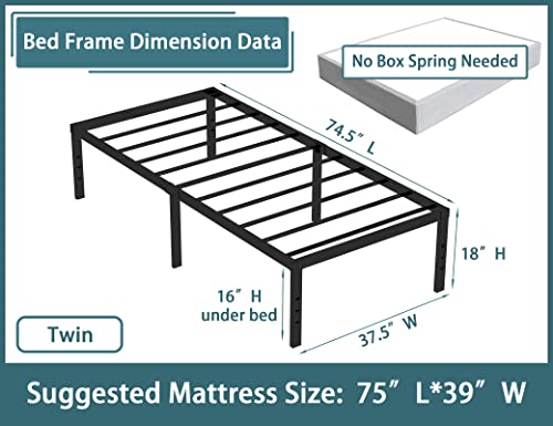 Rooflare Twin Size Bed Frames 18 Inch Tall Max 3500lbs Heavy Duty Metal Twin Size Platform for Boys Girls Kids No Box Spring Needed Black Easy to Assemble-Black