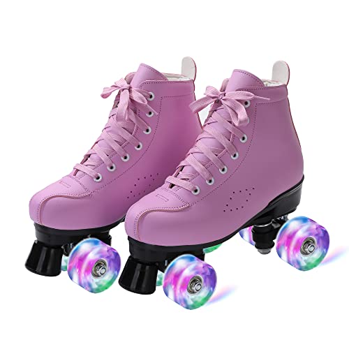 Perzcare Roller Skate Shoes for Women&Men Classic PU Leather High-top Double-Row Roller Skates for Beginner, Professional Indoor Outdoor Four-Wheel Shiny Roller Skates for Girls Unisex