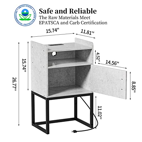 Gannyfer Nightstand with Charging Station, Night Stand with USB Ports and Storage Cabinet, Small End Side Table, Wood Bedside Table for Bedroom,Living Room,Modern White