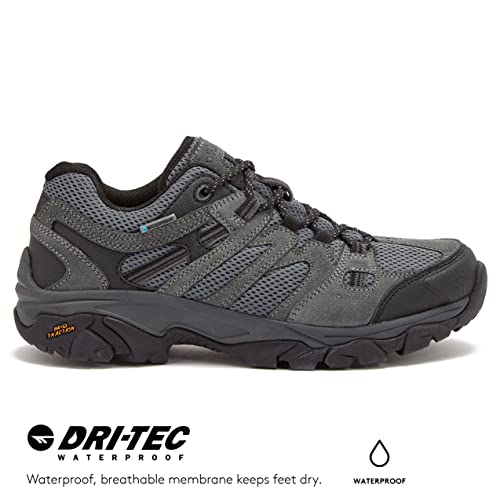 HI-TEC Ravus WP Low Waterproof Hiking Shoes for Men, Lightweight Breathable Outdoor Trekking and Trail Shoes - Dark Grey, 9.5 Extra Wide