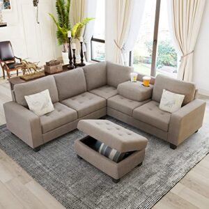 merax sectional corner sofa set, modern l-shaped couch with storage ottoman and cup holders for living room, linen brown