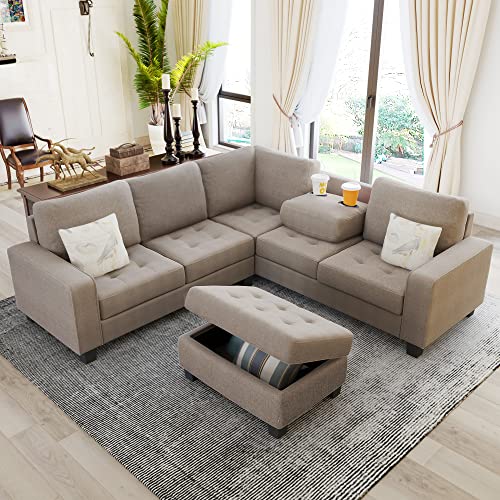 Merax Sectional Corner Sofa Set, Modern L-Shaped Couch with Storage Ottoman and Cup Holders for Living Room, Linen Brown