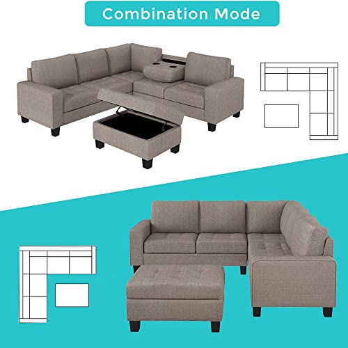 Merax Sectional Corner Sofa Set, Modern L-Shaped Couch with Storage Ottoman and Cup Holders for Living Room, Linen Brown