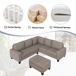 Merax Sectional Corner Sofa Set, Modern L-Shaped Couch with Storage Ottoman and Cup Holders for Living Room, Linen Brown