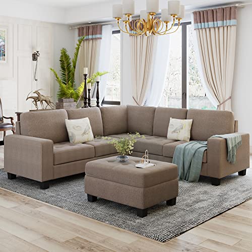 Merax Sectional Corner Sofa Set, Modern L-Shaped Couch with Storage Ottoman and Cup Holders for Living Room, Linen Brown