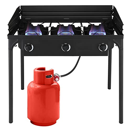 Bonnlo 3-Burner Outdoor Portable Propane Burner Stove 225,000-BTU Gas Cooker with Windscreen, Heavy Duty Iron Cast Patio Burner with Detachable Stand Legs for Camp Cooking