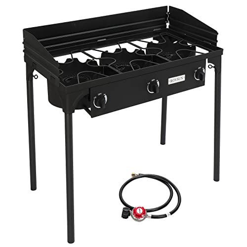 Bonnlo 3-Burner Outdoor Portable Propane Burner Stove 225,000-BTU Gas Cooker with Windscreen, Heavy Duty Iron Cast Patio Burner with Detachable Stand Legs for Camp Cooking