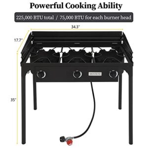 Bonnlo 3-Burner Outdoor Portable Propane Burner Stove 225,000-BTU Gas Cooker with Windscreen, Heavy Duty Iron Cast Patio Burner with Detachable Stand Legs for Camp Cooking
