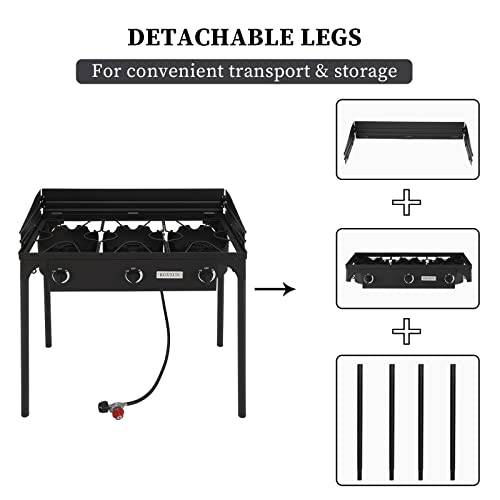 Bonnlo 3-Burner Outdoor Portable Propane Burner Stove 225,000-BTU Gas Cooker with Windscreen, Heavy Duty Iron Cast Patio Burner with Detachable Stand Legs for Camp Cooking