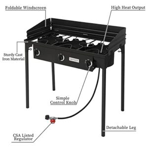 Bonnlo 3-Burner Outdoor Portable Propane Burner Stove 225,000-BTU Gas Cooker with Windscreen, Heavy Duty Iron Cast Patio Burner with Detachable Stand Legs for Camp Cooking