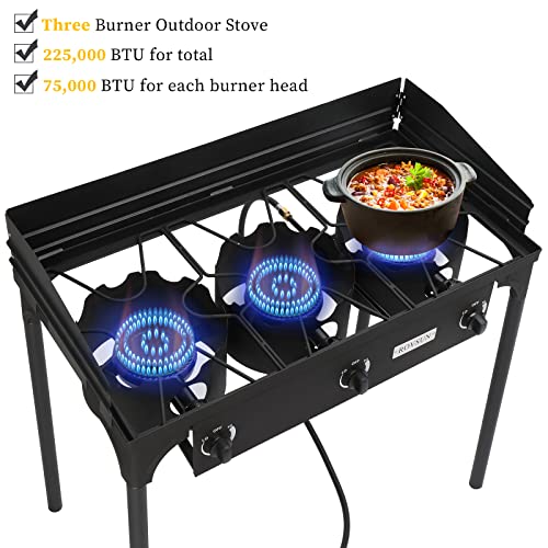 Bonnlo 3-Burner Outdoor Portable Propane Burner Stove 225,000-BTU Gas Cooker with Windscreen, Heavy Duty Iron Cast Patio Burner with Detachable Stand Legs for Camp Cooking