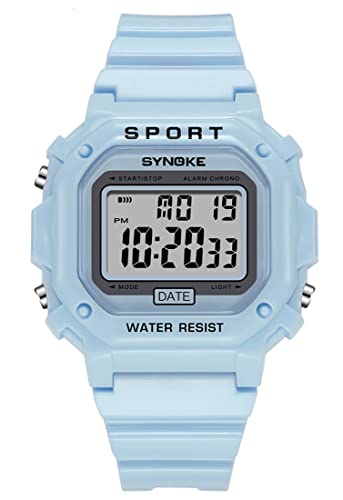 KINGNUOS Outdoor Sports Watches Unisex Digital Watch Couple Men Women Waterproof LED Clock Square Electronic Student Wrist (Blue)