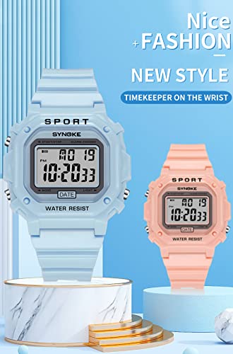 KINGNUOS Outdoor Sports Watches Unisex Digital Watch Couple Men Women Waterproof LED Clock Square Electronic Student Wrist (Blue)