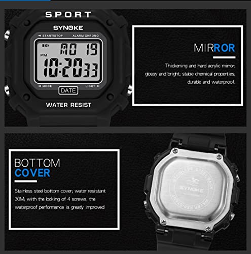 KINGNUOS Outdoor Sports Watches Unisex Digital Watch Couple Men Women Waterproof LED Clock Square Electronic Student Wrist (Blue)