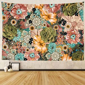 chiinvent colorful floral tapestry boho flower wall hanging multi color bohemian flowers plant tapestries botanical nature scenery aesthetic tapestry decor for bedroom home party, 59.1" x 82.7"
