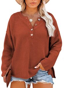 eytino womens plus size waffle knit v neck sweater casual long sleeve side slit button henley pullover jumper top,2x red