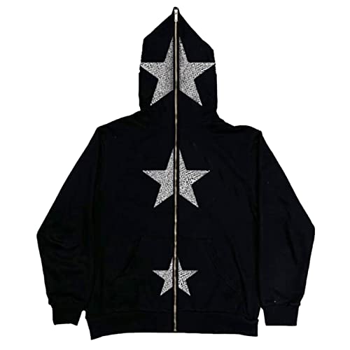 Juakoso Women Y2k Star Print Hoodies Zip Up Oversized Sweatshirts Graphic Hooded Pullover Aesthetic Halloween Jacket Tops