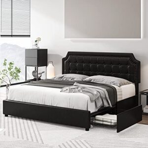 keyluv king size bed frame with 4 drawers, upholstered platform storage bed with curved button tufted headboard with nailhead trim, solid wooden slats support, no box spring needed, black
