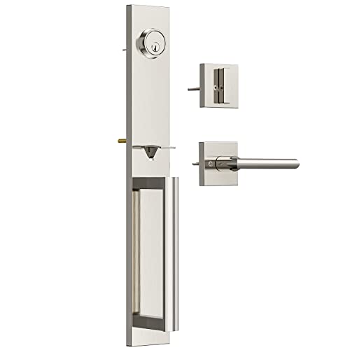 Calzibeno Front Door Lock Set, Full Escutcheon Front Door Handle Sets, Heavy Duty Entry Door Lock Sets with 3 Keys, Door Locks with Deadbolt Lever Handle, Door Handleset - Satin Nickel