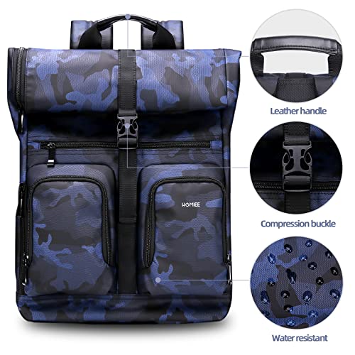 HOMIEE Travel Backpack Waterproof Roll Top Expandable Camo Backpack Casual Daypack, Water Resistant College Bag Computer Bag Gifts for Men Women Fits 15.6 Inch Notebook