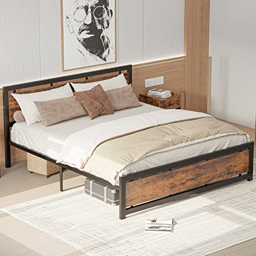 LIKIMIO California King Bed Frames, Platform Bed King with Headboard and Strong Metal Support Frame, Easy Assembly, Noise-Free, No Box Spring Needed, Cal King/Vintage Brown