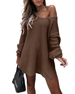nollsom women casual long sleeve relaxed fit long pullover off shoulder solid ribbed knit sweater jumper fall winter(solid brown,large)