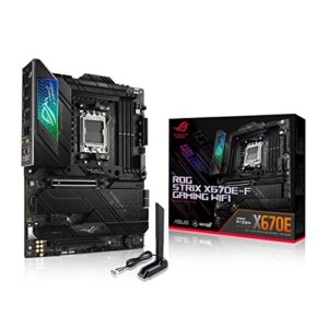 asus rog strix x670e-f gaming wifi6e socket am5 (lga 1718) ryzen 7000 gaming motherboard(pcie 5.0, ddr5,16 + 2 power stages,four m.2 slots with heatsinks,usb 3.2 gen 2x2,ai cooling ii, and aura sync)