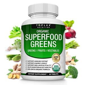 organic super greens capsules superfood fruit veggie supplement - 28 powerful natural ingredients with alfalfa, beet root, tart cherry & ginger for immune & energy support, for men women, 60 tablets