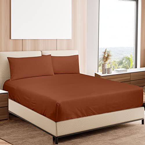 ROYALE LINENS 400 Thread Count 100% Egyptian Long Staple Cotton 4 Piece Sateen Sheet Set - 1 Fitted Sheet, 1 Flat Sheet, 2 Pillowcase - Bed Sheet Set, Wrinkle & Fade Resistant Sheet Set (Rust, Queen)