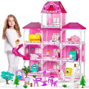 temi dream doll house for 3 4 5 6 7 8 year old girls toy - 4-story 10 rooms dollhouse 7-8 with 2 toy figures, furniture and accessories, pretend play house for kid ages 3+