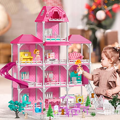 TEMI Dream Doll House for 3 4 5 6 7 8 Year Old Girls Toy - 4-Story 10 Rooms Dollhouse 7-8 with 2 Toy Figures, Furniture and Accessories, Pretend Play House for Kid Ages 3+