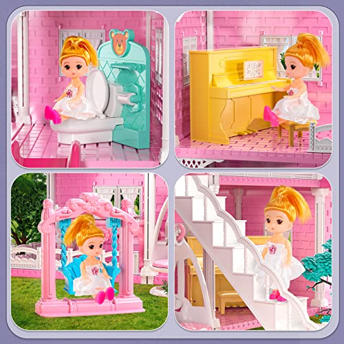 TEMI Dream Doll House for 3 4 5 6 7 8 Year Old Girls Toy - 4-Story 10 Rooms Dollhouse 7-8 with 2 Toy Figures, Furniture and Accessories, Pretend Play House for Kid Ages 3+