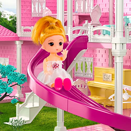 TEMI Dream Doll House for 3 4 5 6 7 8 Year Old Girls Toy - 4-Story 10 Rooms Dollhouse 7-8 with 2 Toy Figures, Furniture and Accessories, Pretend Play House for Kid Ages 3+